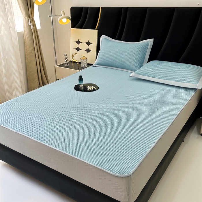 91家纺网 家纺一手货源 找家纺 慕尚 2025新款华夫格床笠凉席 华夫格蓝