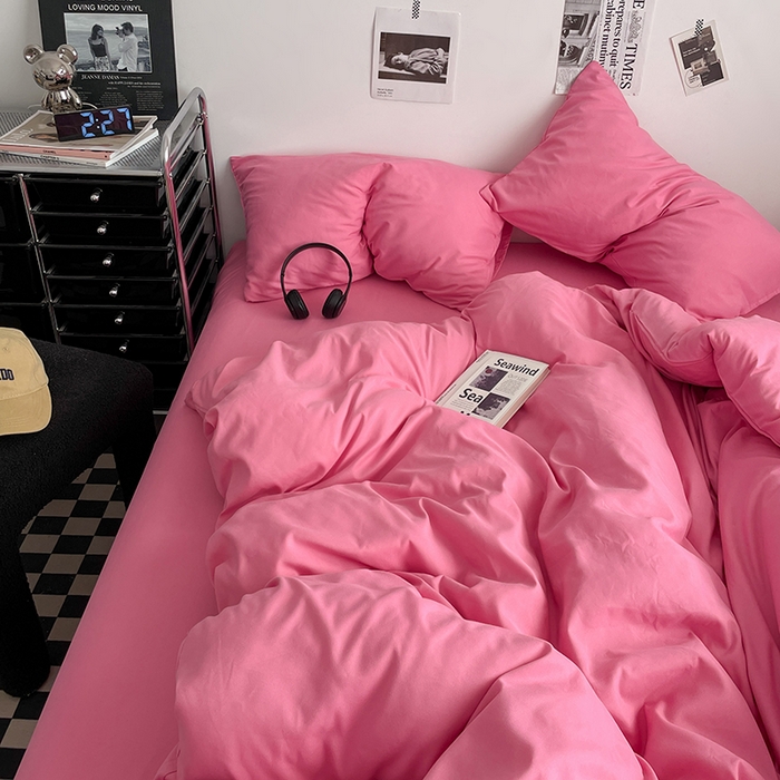 91家纺网 家纺一手货源 找家纺 思诺羽床笠 2024新款水洗棉纯色混搭四件套系列 树莓粉