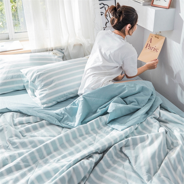 91家纺网 家纺一手货源 找家纺 北欧良品 水洗棉夏被四件套水洗棉空调被夏凉被无印良品-兰粗条