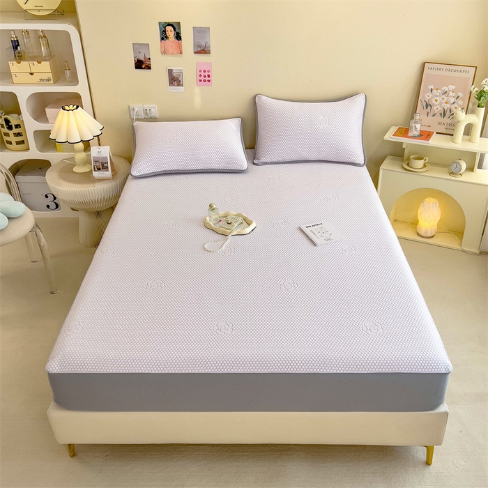 91家纺网 家纺一手货源 找家纺 2025新款丝幔家纺冰豆豆提花床笠三件套 冰豆豆床笠山茶花紫