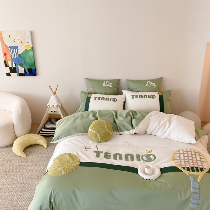 91家纺网 家纺一手货源 找家纺 星野家居 2024新款双股澳棉毛巾绣四件套—快乐网球场 快乐网球场—氧气绿