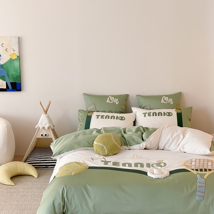 91家纺网 家纺一手货源 找家纺 星野家居 2024新款双股澳棉毛巾绣四件套—快乐网球场 快乐网球场—氧气绿