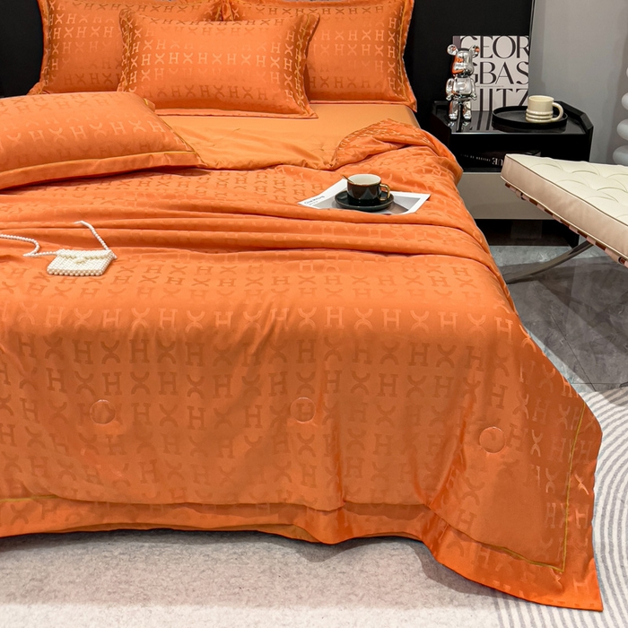 91家纺网 家纺一手货源 找家纺 丽卡家纺 2024新款60s贡缎提花水洗天丝夏被四件套-莫奈 莫奈-爱马仕橘