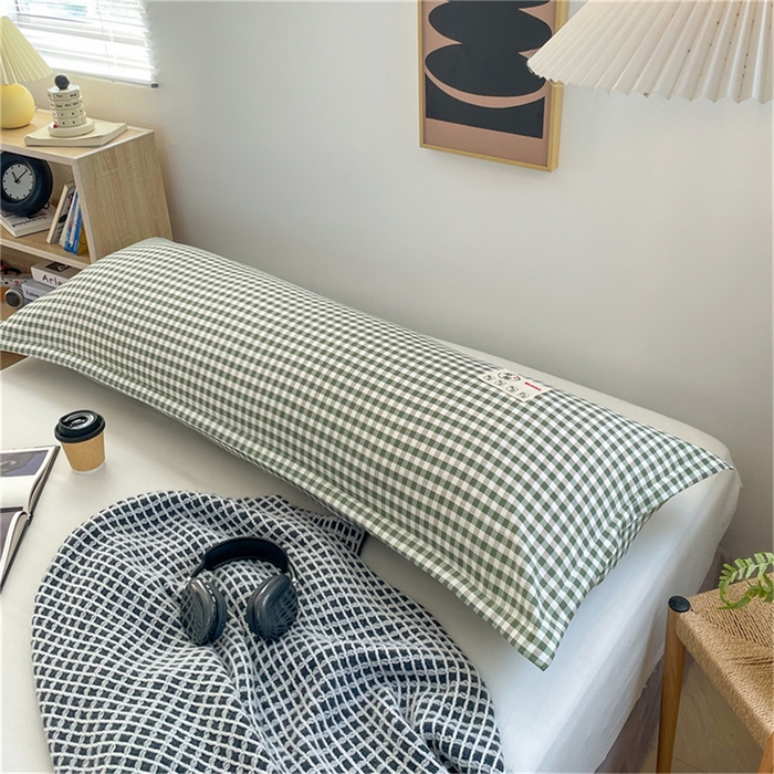 91家纺网 家纺一手货源 找家纺 梦舒羽 2025新款水洗棉麻双人枕套情侣枕芯套加厚枕头套  小格-绿