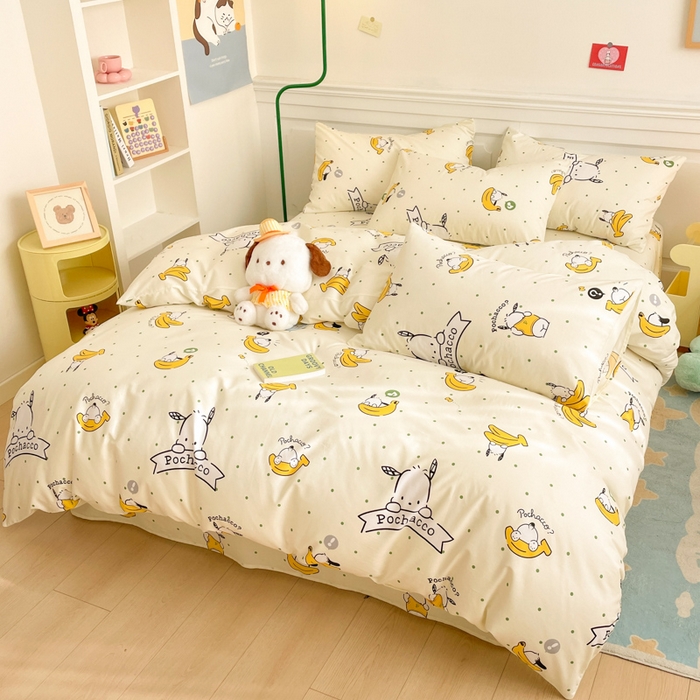 91家纺网 家纺一手货源 找家纺 博雅 2024新款全棉三丽鸥卡通四件套-AA版帕恰狗 香蕉帕恰狗