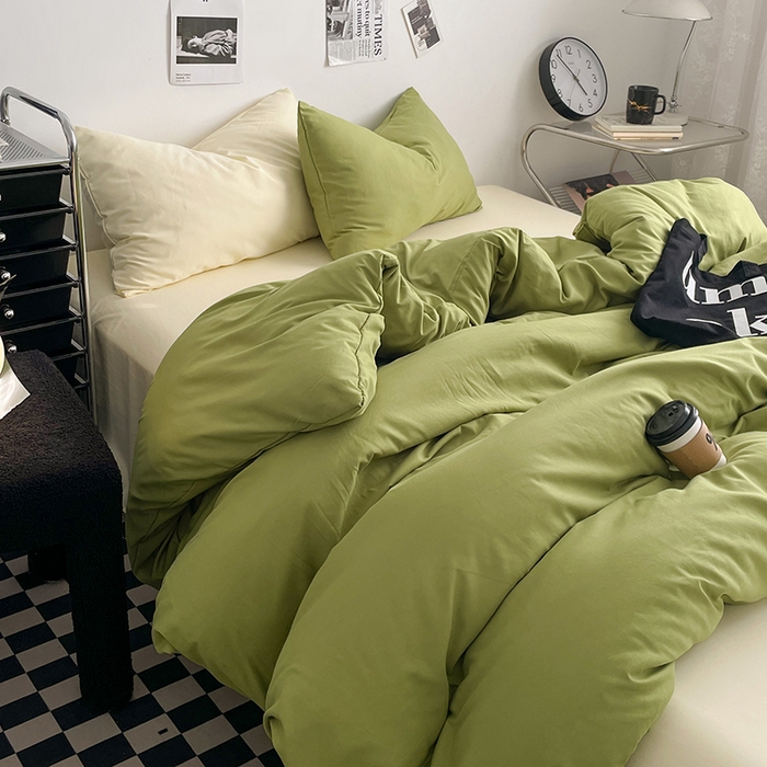 91家纺网 家纺一手货源 找家纺 思诺羽床笠 2024新款水洗棉纯色混搭四件套系列 牛油果绿+奶油黄