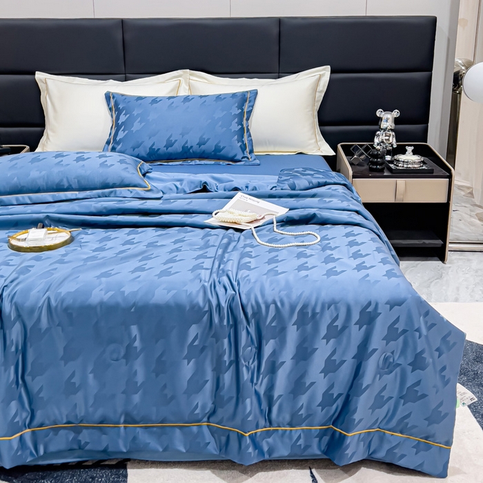 91家纺网 家纺一手货源 找家纺 丽卡家纺 2024新款水洗天丝夏被四件套-千鸟格 千鸟格-宾利蓝