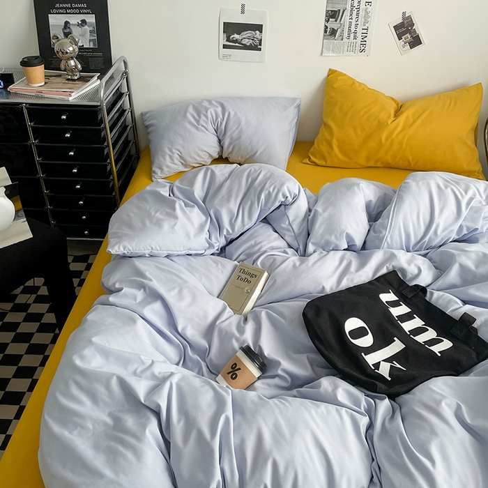 91家纺网 家纺一手货源 找家纺 思诺羽床笠 2024新款水洗棉纯色混搭四件套系列 雾蓝+姜黄