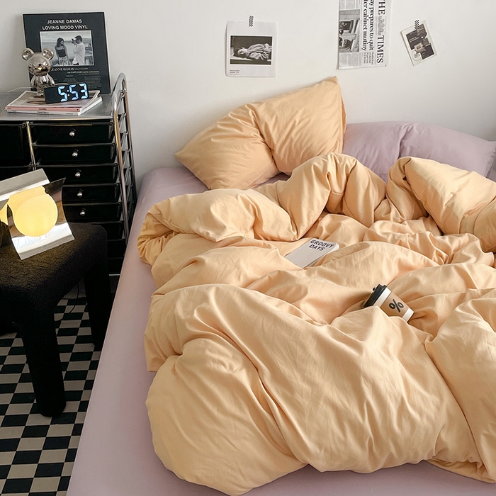 91家纺网 家纺一手货源 找家纺 思诺羽床笠 2024新款水洗棉纯色混搭四件套系列 碳烤起司+浪漫紫