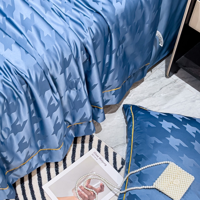 91家纺网 家纺一手货源 找家纺 丽卡家纺 2024新款水洗天丝夏被四件套-千鸟格 千鸟格-宾利蓝