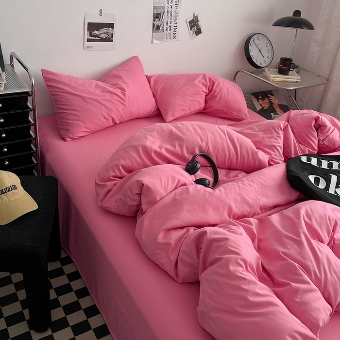 91家纺网 家纺一手货源 找家纺 思诺羽床笠 2024新款水洗棉纯色混搭四件套系列 树莓粉