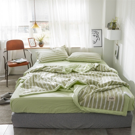 北欧良品 水洗棉夏被四件套水洗棉空调被夏凉被无印良品-绿粗条