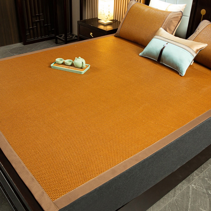 91家纺网 家纺一手货源 找家纺 青雅席业 2025新款全包双面直角步步高藤席 步步高-红棕