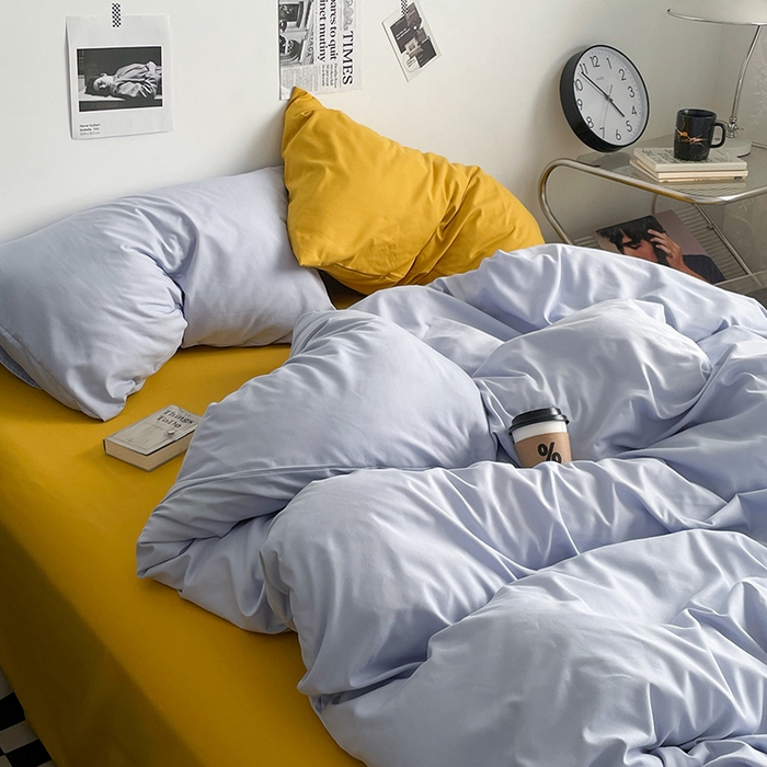 91家纺网 家纺一手货源 找家纺 思诺羽床笠 2024新款水洗棉纯色混搭四件套系列 雾蓝+姜黄