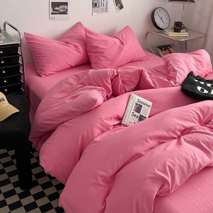 91家纺网 家纺一手货源 找家纺 思诺羽床笠 2024新款水洗棉纯色混搭四件套系列 树莓粉