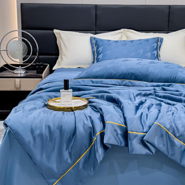 91家纺网 家纺一手货源 找家纺 丽卡家纺 2024新款水洗天丝夏被四件套-千鸟格 千鸟格-宾利蓝