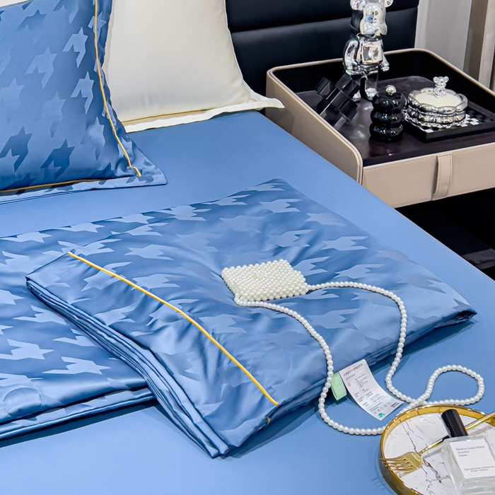 91家纺网 家纺一手货源 找家纺 丽卡家纺 2024新款水洗天丝夏被四件套-千鸟格 千鸟格-宾利蓝