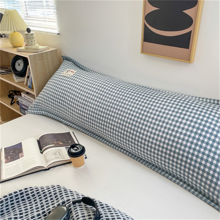 91家纺网 家纺一手货源 找家纺 梦舒羽 2025新款水洗棉麻双人枕套情侣枕芯套加厚枕头套  小格-蓝