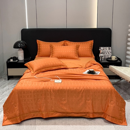 91家纺网 家纺一手货源 找家纺 丽卡家纺 2024新款60s贡缎提花水洗天丝夏被四件套-莫奈 莫奈-爱马仕橘