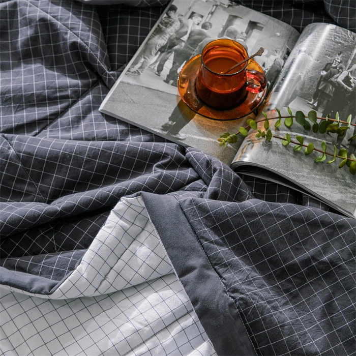 91家纺网 家纺一手货源 找家纺 北欧良品 水洗棉夏被四件套水洗棉空调被夏凉被无印良品-灰白小格双拼