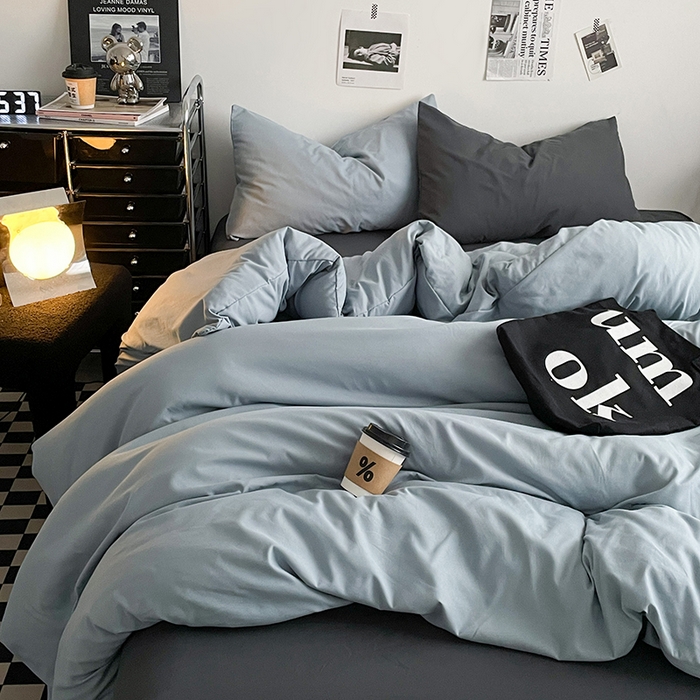 91家纺网 家纺一手货源 找家纺 思诺羽床笠 2024新款水洗棉纯色混搭四件套系列 雾蓝+高级灰