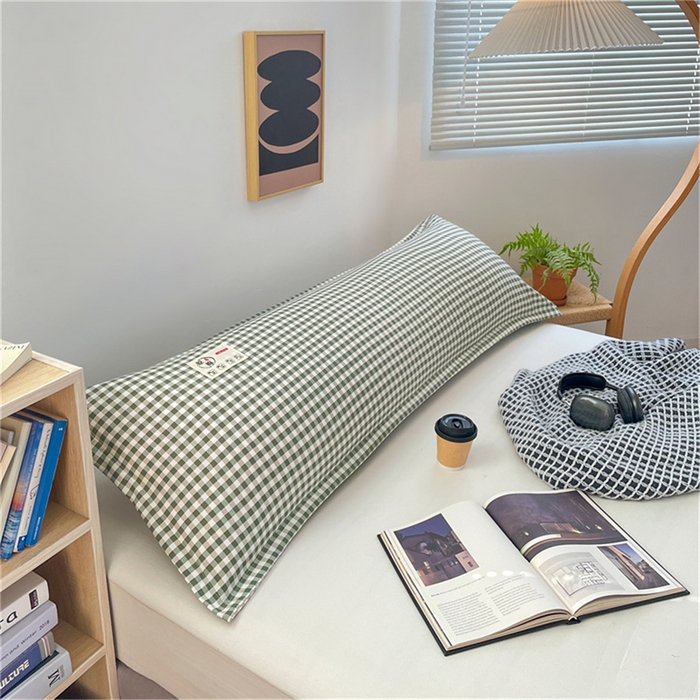 91家纺网 家纺一手货源 找家纺 梦舒羽 2025新款水洗棉麻双人枕套情侣枕芯套加厚枕头套  小格-绿