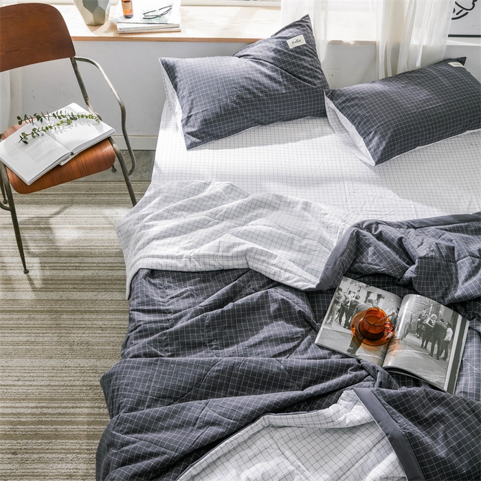 91家纺网 家纺一手货源 找家纺 北欧良品 水洗棉夏被四件套水洗棉空调被夏凉被无印良品-灰白小格双拼
