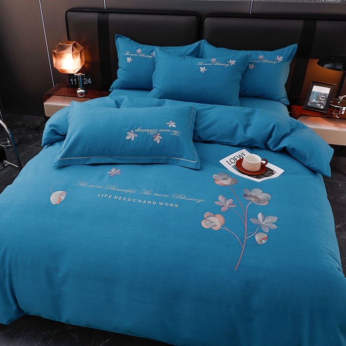 91家纺网 家纺一手货源 找家纺 润淳家居 2025新款全棉磨毛刺绣四件套 心动瞬间 极光蓝