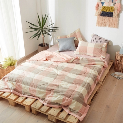 北欧良品 水洗棉夏被四件套水洗棉空调被夏凉被无印良品-蜜粉大格