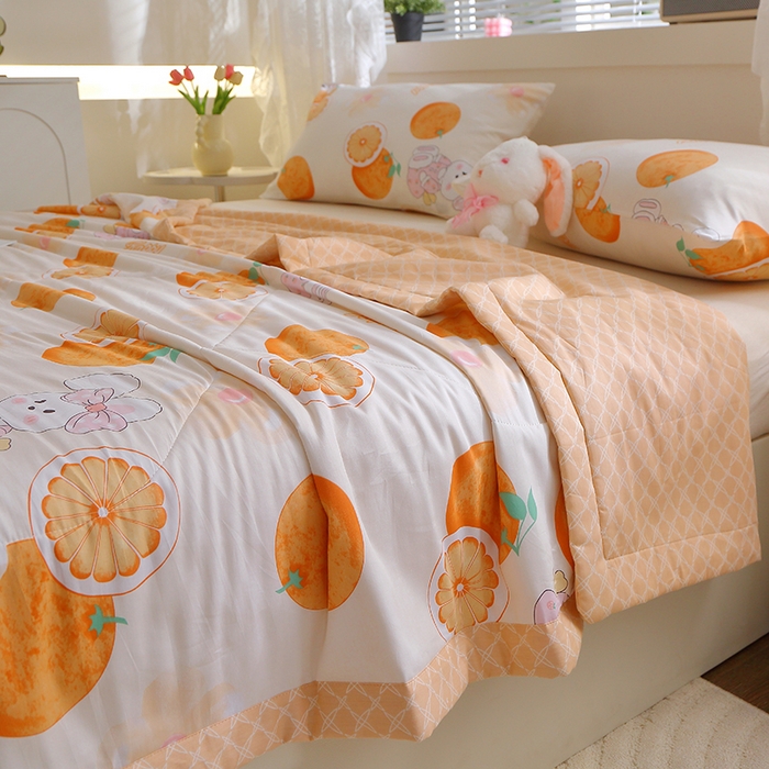 91家纺网 家纺一手货源 找家纺 金柚子2024新款全棉印花夏凉被 橙子兔-黄