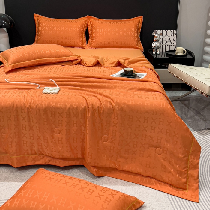 91家纺网 家纺一手货源 找家纺 丽卡家纺 2024新款60s贡缎提花水洗天丝夏被四件套-莫奈 莫奈-爱马仕橘