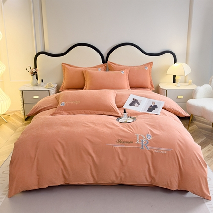 91家纺网 家纺一手货源 找家纺 逸林家纺《原希尔顿逸林》 2024新款斜纹磨毛四件套水洗斜纹棉蛋白棉绣花四件套-梦想系列 梦想-爱玛橙
