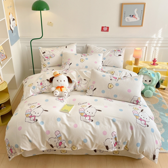 91家纺网 家纺一手货源 找家纺 博雅 2024新款全棉三丽鸥卡通四件套-AA版帕恰狗 吃货帕恰狗