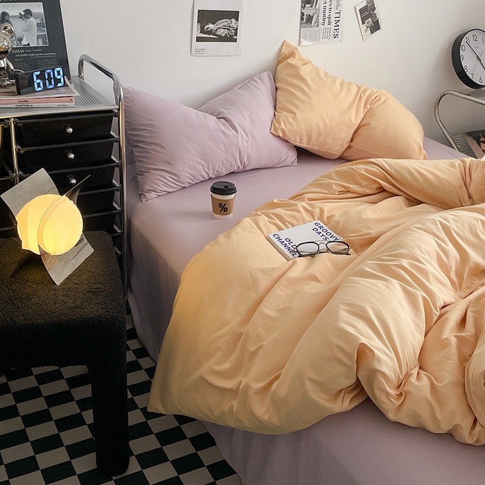 91家纺网 家纺一手货源 找家纺 思诺羽床笠 2024新款水洗棉纯色混搭四件套系列 碳烤起司+浪漫紫