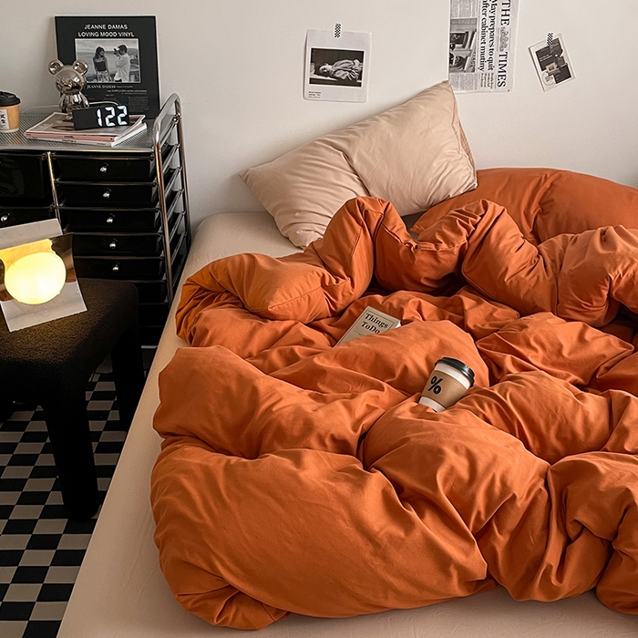 91家纺网 家纺一手货源 找家纺 思诺羽床笠 2024新款水洗棉纯色混搭四件套系列 落日橙+卡其