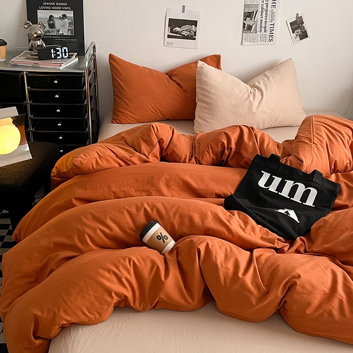 91家纺网 家纺一手货源 找家纺 思诺羽床笠 2024新款水洗棉纯色混搭四件套系列 落日橙+卡其
