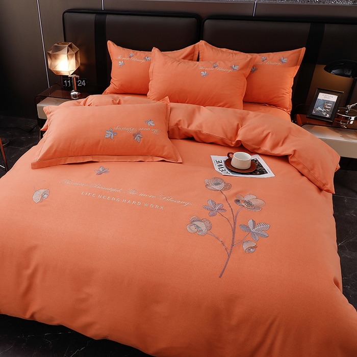 91家纺网 家纺一手货源 找家纺 润淳家居 2025新款全棉磨毛刺绣四件套 心动瞬间 靓桔