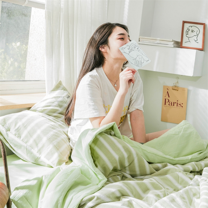 91家纺网 家纺一手货源 找家纺 北欧良品 水洗棉夏被四件套水洗棉空调被夏凉被无印良品-绿粗条