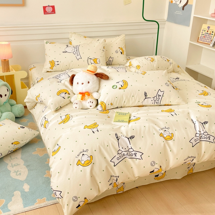 91家纺网 家纺一手货源 找家纺 博雅 2024新款全棉三丽鸥卡通四件套-AA版帕恰狗 香蕉帕恰狗