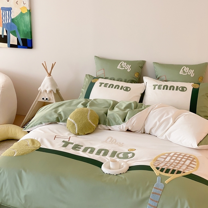 91家纺网 家纺一手货源 找家纺 星野家居 2024新款双股澳棉毛巾绣四件套—快乐网球场 快乐网球场—氧气绿