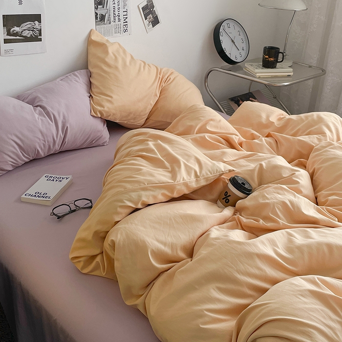 91家纺网 家纺一手货源 找家纺 思诺羽床笠 2024新款水洗棉纯色混搭四件套系列 碳烤起司+浪漫紫