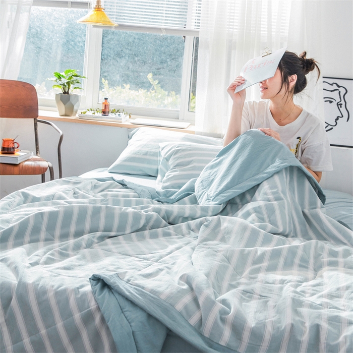 91家纺网 家纺一手货源 找家纺 北欧良品 水洗棉夏被四件套水洗棉空调被夏凉被无印良品-兰粗条