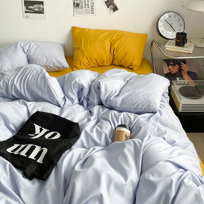 91家纺网 家纺一手货源 找家纺 思诺羽床笠 2024新款水洗棉纯色混搭四件套系列 雾蓝+姜黄