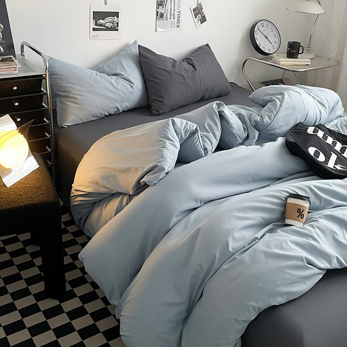 91家纺网 家纺一手货源 找家纺 思诺羽床笠 2024新款水洗棉纯色混搭四件套系列 雾蓝+高级灰