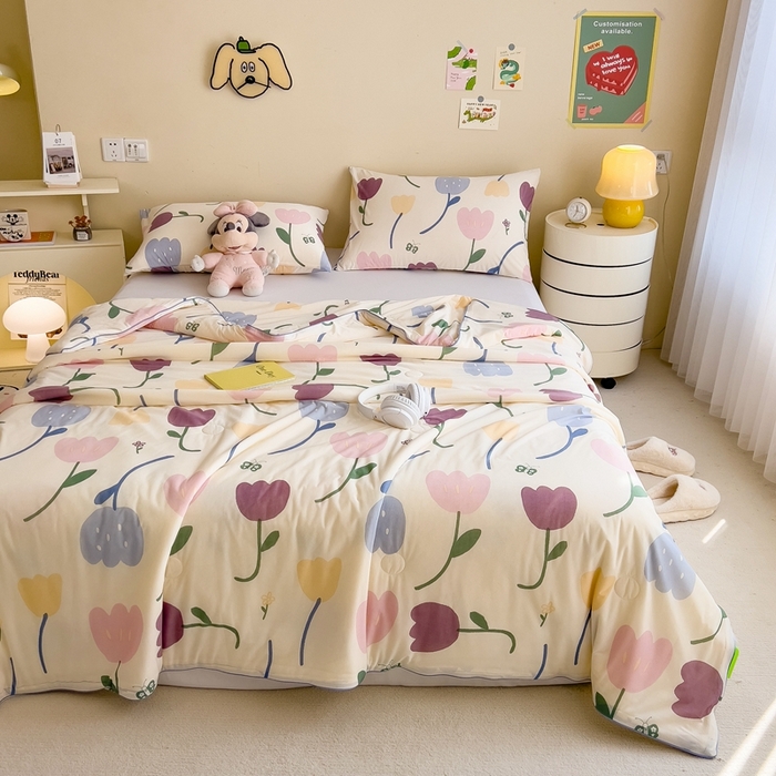 91家纺网 家纺一手货源 找家纺 米菲 2024新款A类凉感丝印花夏被夏凉被被芯 郁金香