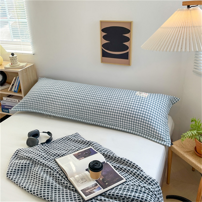 91家纺网 家纺一手货源 找家纺 梦舒羽 2025新款水洗棉麻双人枕套情侣枕芯套加厚枕头套  小格-蓝