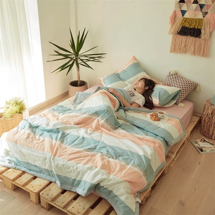 北欧良品 水洗棉夏被四件套水洗棉空调被夏凉被无印良品-淡绿条