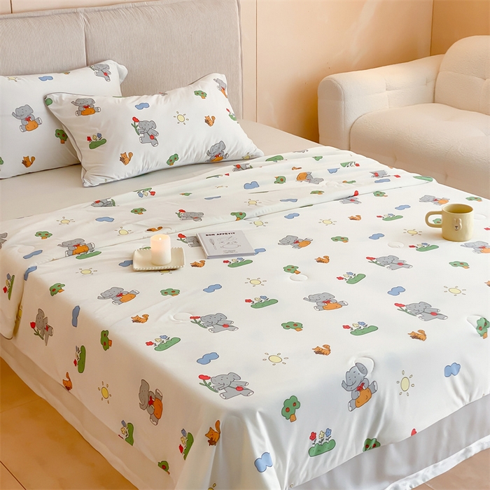 91家纺网 家纺一手货源 找家纺 头等舱 2025新款针织棉凉感氨纶A类印华大豆抗菌夏被 欢乐小象