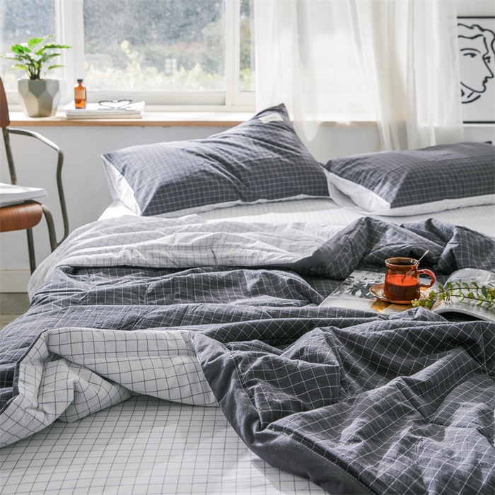 91家纺网 家纺一手货源 找家纺 北欧良品 水洗棉夏被四件套水洗棉空调被夏凉被无印良品-灰白小格双拼