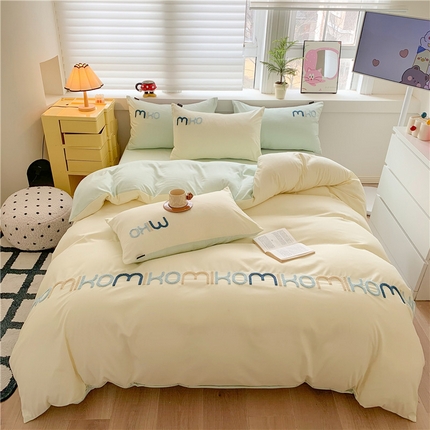 91家纺网 家纺一手货源 找家纺 云雀 2025新款水洗亲肤棉字母毛巾绣四件套-米朵 米朵-米黄